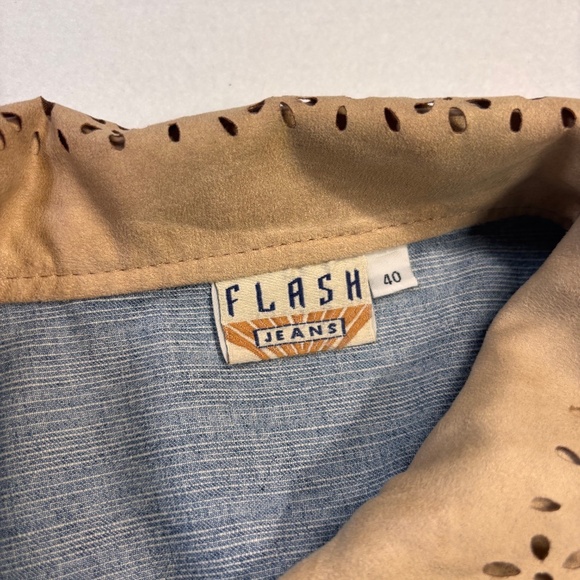 Denim Jacket Lightweight Brown Orange Floral Patchwork Tan Faux Suede Medium - Picture 11 of 11